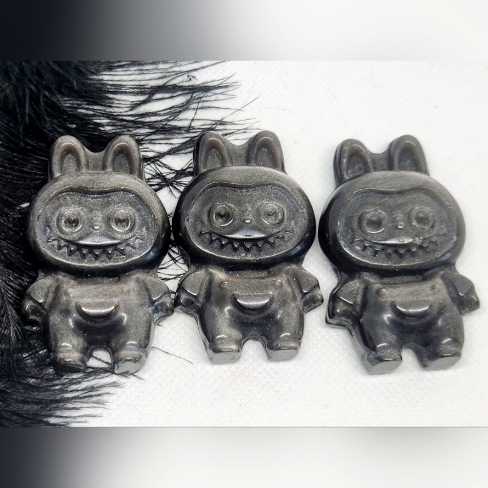 Silver Sheen Obsidian Labubu Crystal Carving.